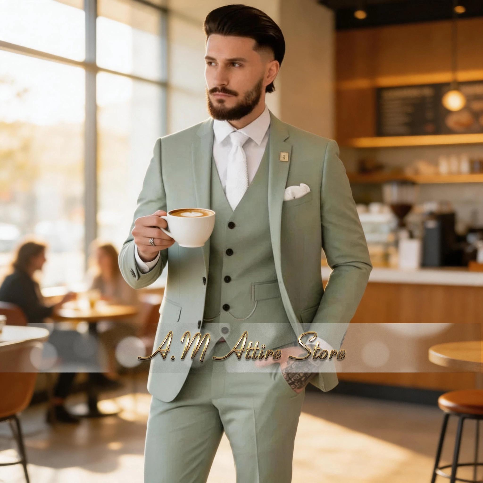 Costume Homme Vert Sauge Élégant 3 Pièces : Veste