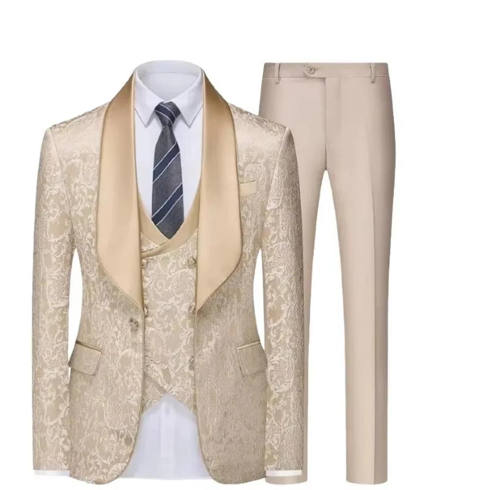 Costume de smoking formel 3 pièces en jacquard champagne pour homme avec blazer à revers châle