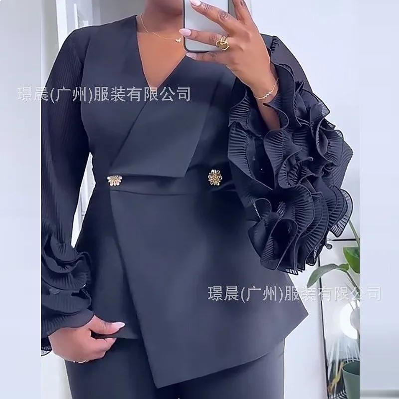 Ensemble assorti Blazer à manches longues Veste de costume Pantalon à bordure en dentelle