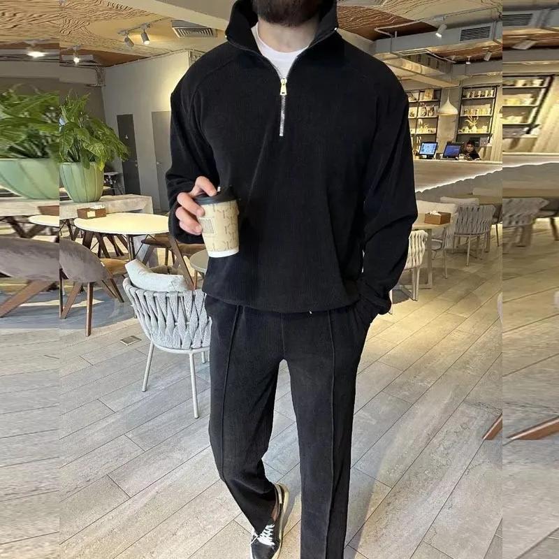 Nouveau costume décontracté pour homme en velours côtelé tendance avec col montant et demi-fermeture éclair