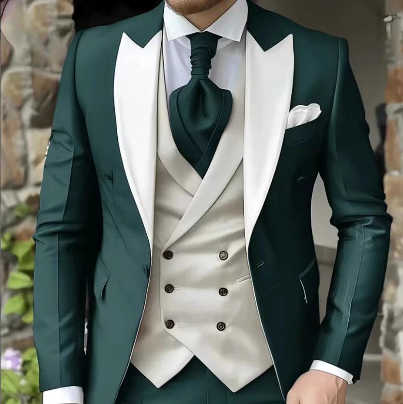 Men Suit White Classic 3 Pieces Wedding Suits Set Fashion Men Business Tuxedo Peaked Lapel Groomsmen Blazer Pants Vest