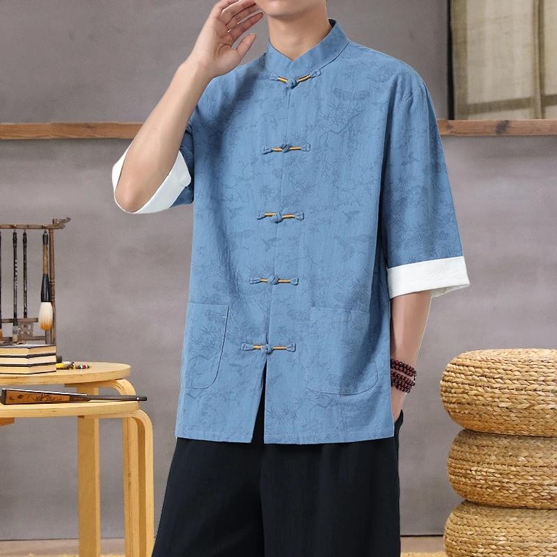Chemise imprimée légère à col Mandarin pour hommes