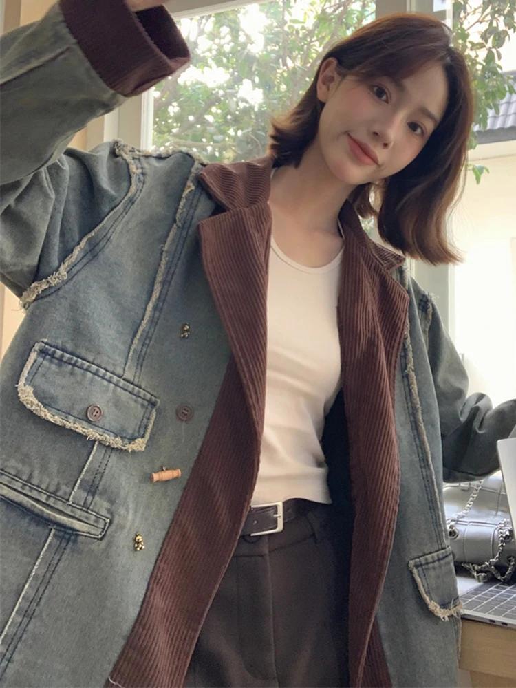 Veste en jean patchwork à manches longues en velours côtelé déchiré rétro