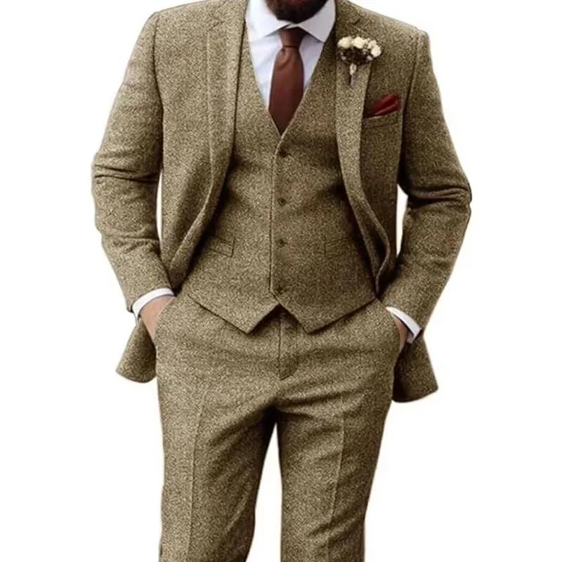 Costumes pour hommes Tweed à chevrons coupe ajustée affaires Cauasl gilet veste garçons d'honneur