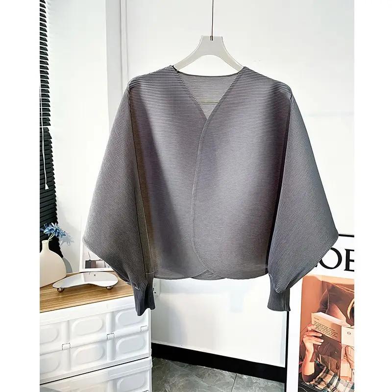 Veste Courte Nouveau Style Chemise Plissée Décontractée Polyvalente en Forme de Chauve-Souris Cardigan Haut