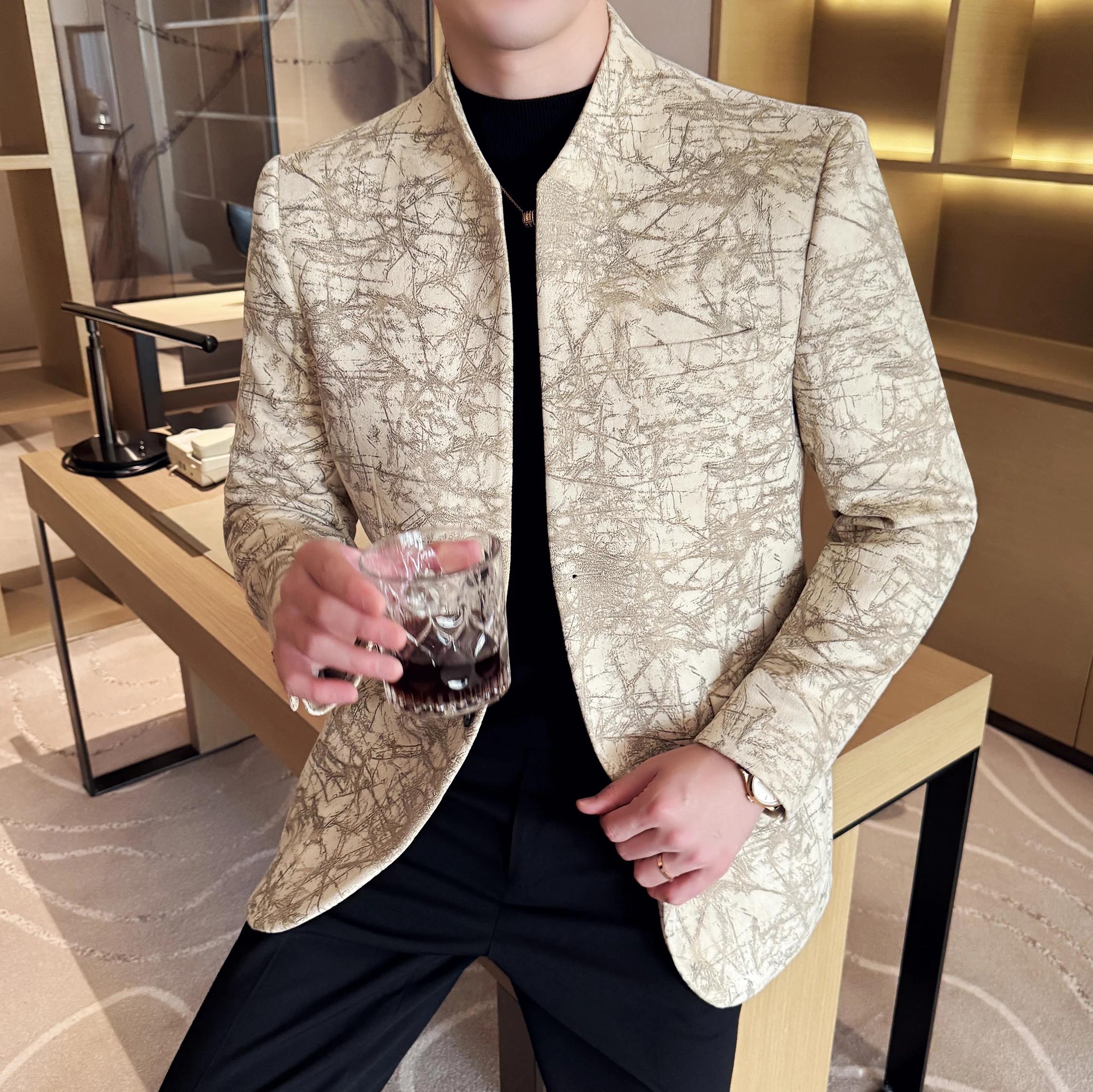 Nouveau Style chinois col montant Jacquard costume manteaux hommes mince affaires décontracté mode costumes veste formelle fête sociale Tuxedos