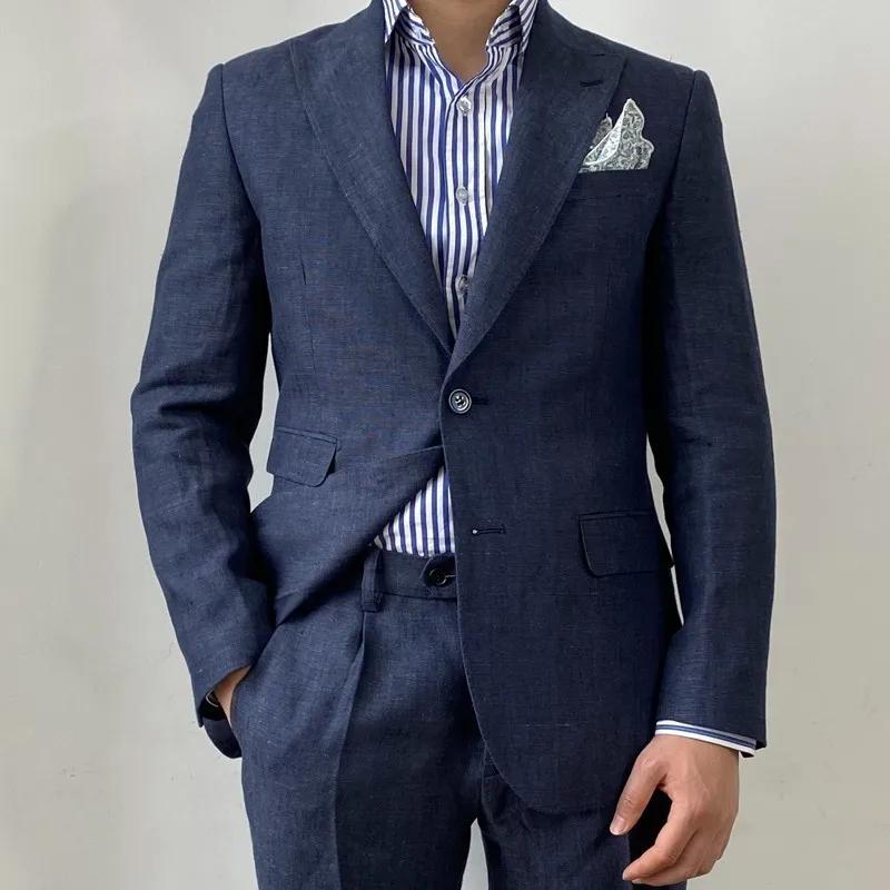 Costume en lin bleu marine pour hommes