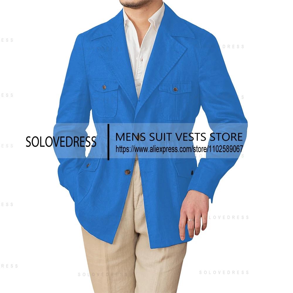 Veste en lin simple boutonnage col à revers coupe ajustée lin costumes pour hommes