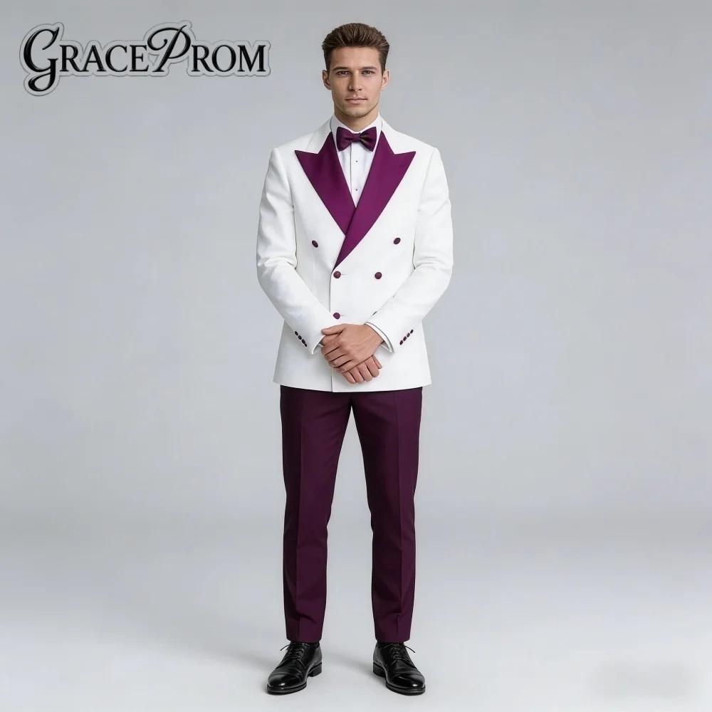 Costume de Mariage Homme Élégant Blanc et Violet avec Revers Châle