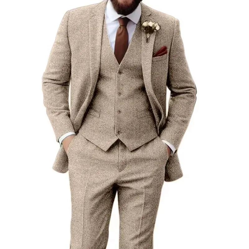 Costumes pour hommes Tweed à chevrons coupe ajustée affaires Cauasl gilet veste garçons d'honneur