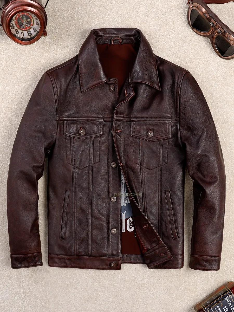 Veste en cuir marron rouge automne pour homme