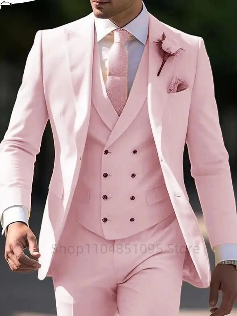 Costume 3 pièces rose élégant pour hommes
