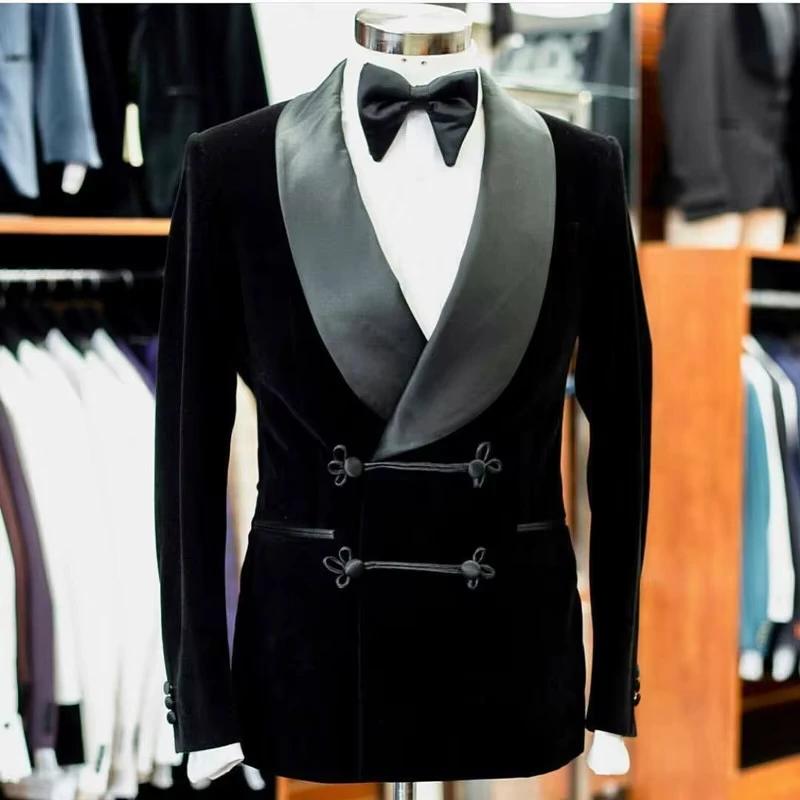 Veste de fumée en velours noir style preppy pour hommes, blazer élégant pour mariages et événements de fête