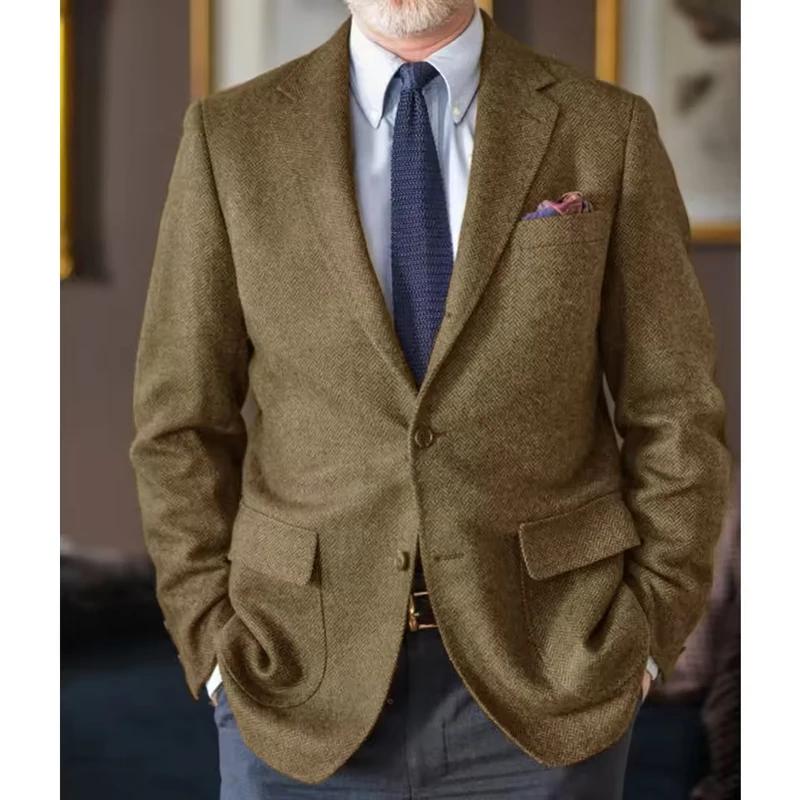 Blazer Homme en Tweed Chevrons Style Britannique à Revers Cranté et Deux Boutons – Veste Décontractée Vintage pour