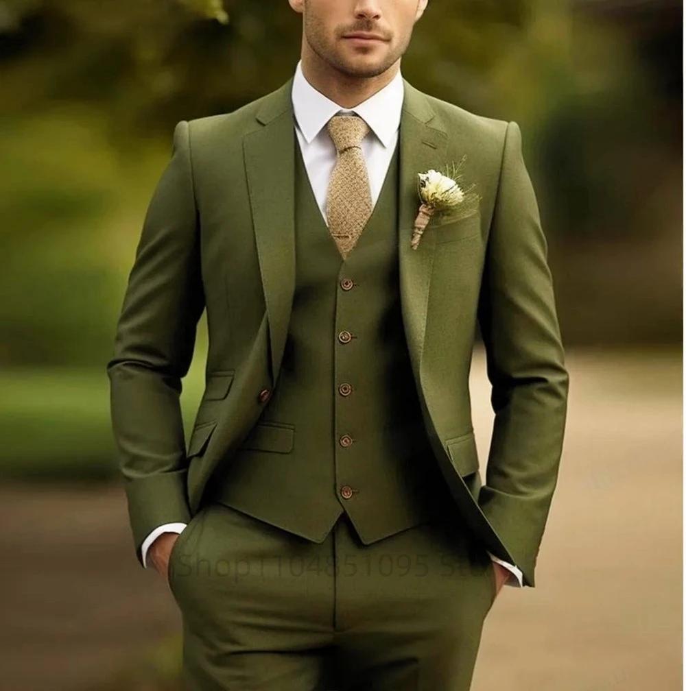 Costumes pour hommes verts décontractés 3 pièces coupe ajustée encoche/vers de pointe vêtements de marié de mariage
