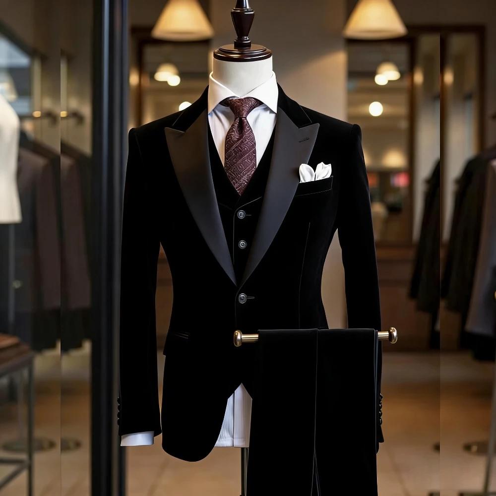 Costume de smoking 3 pièces en velours noir pour hommes