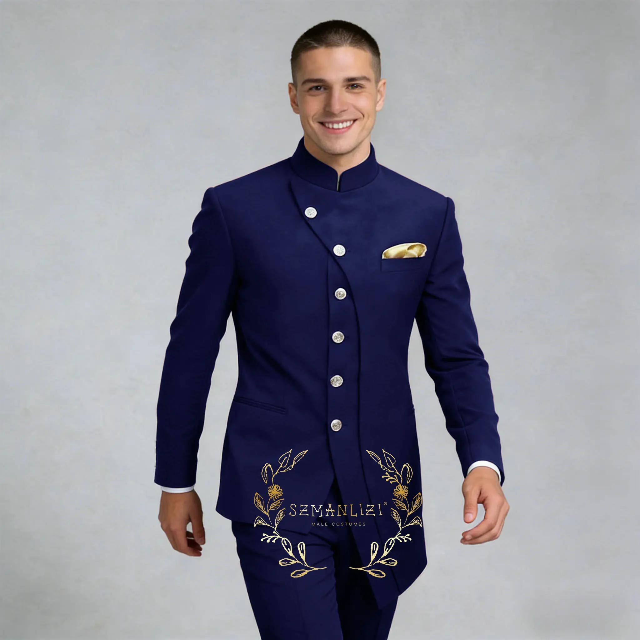 Costume de Mariage Homme Bleu Royal à Col Montant