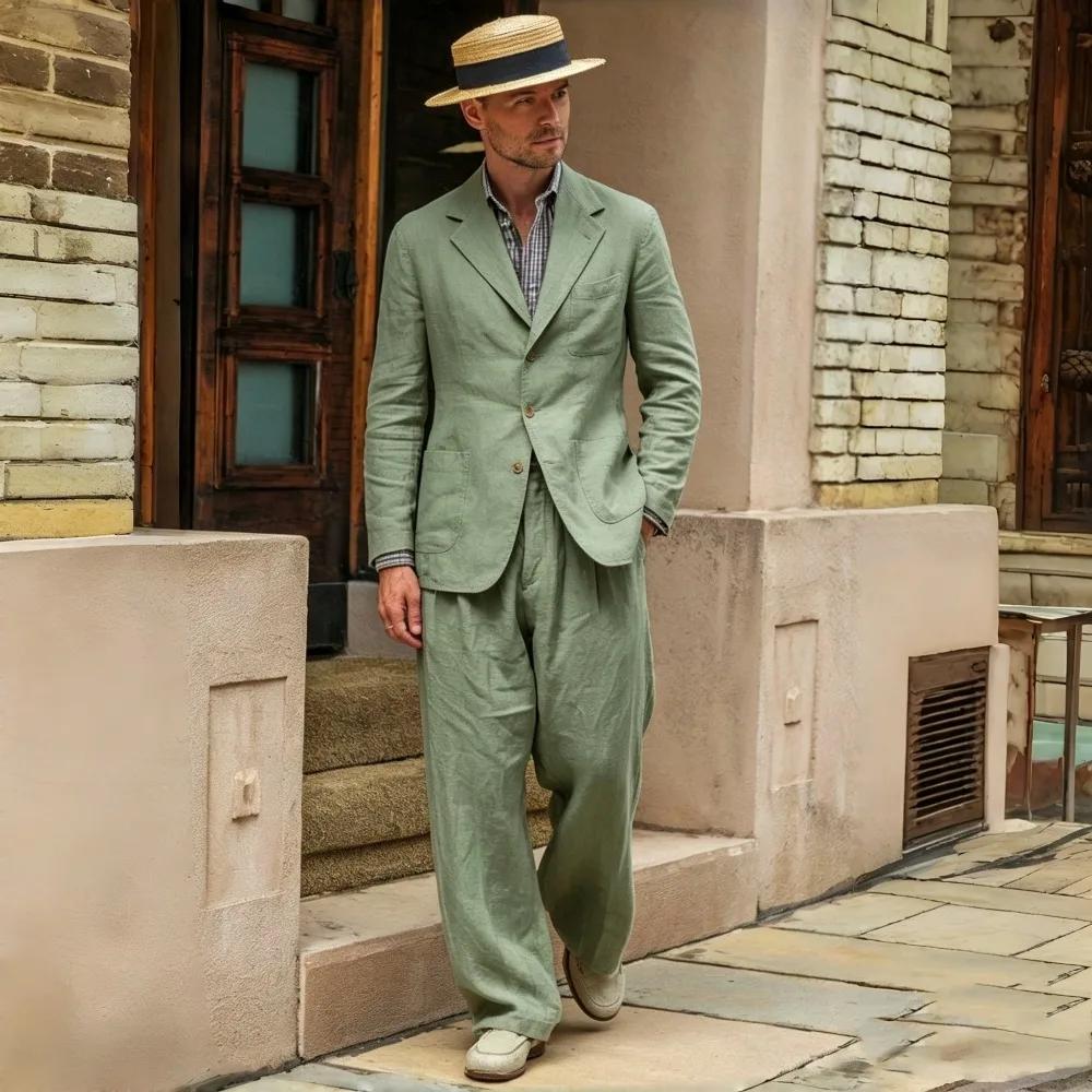 Costume de bal décontracté en lin beige 2 pièces style vintage années 70 pour homme