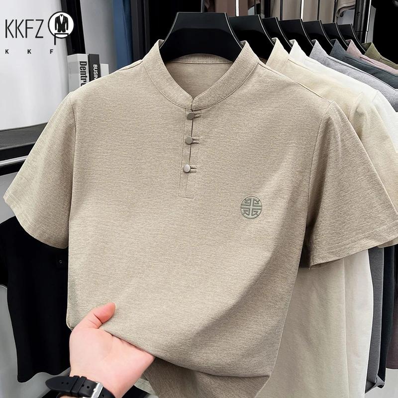 T-shirt décontracté pour homme à col mandarin et manches courtes