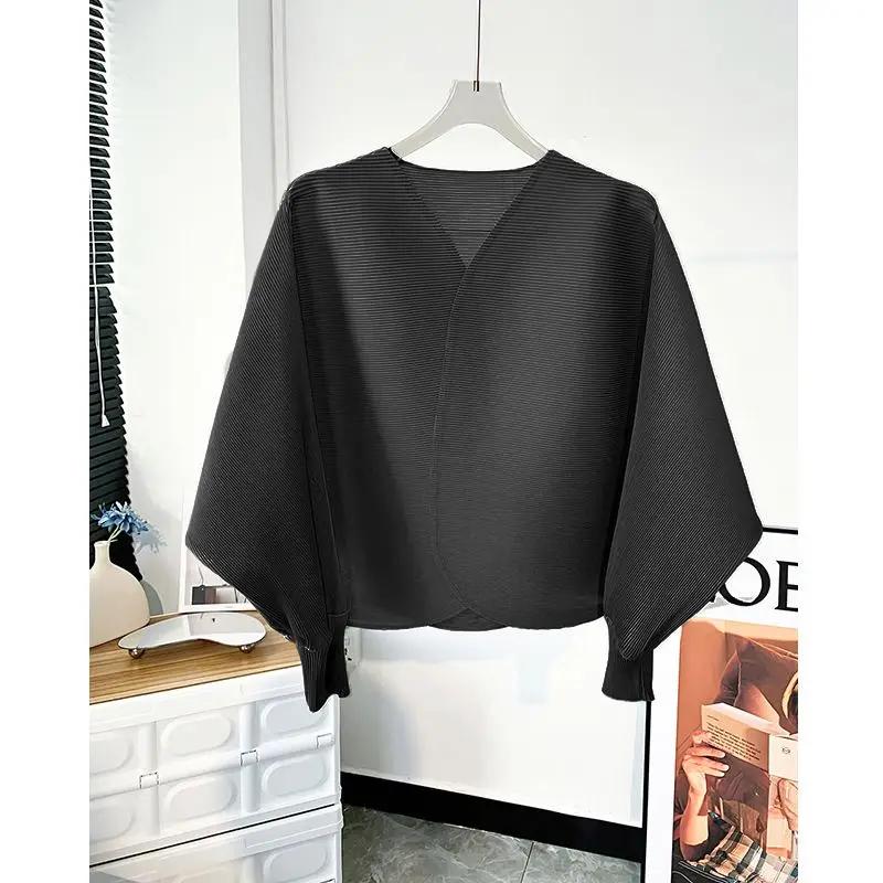 Veste Courte Nouveau Style Chemise Plissée Décontractée Polyvalente en Forme de Chauve-Souris Cardigan Haut