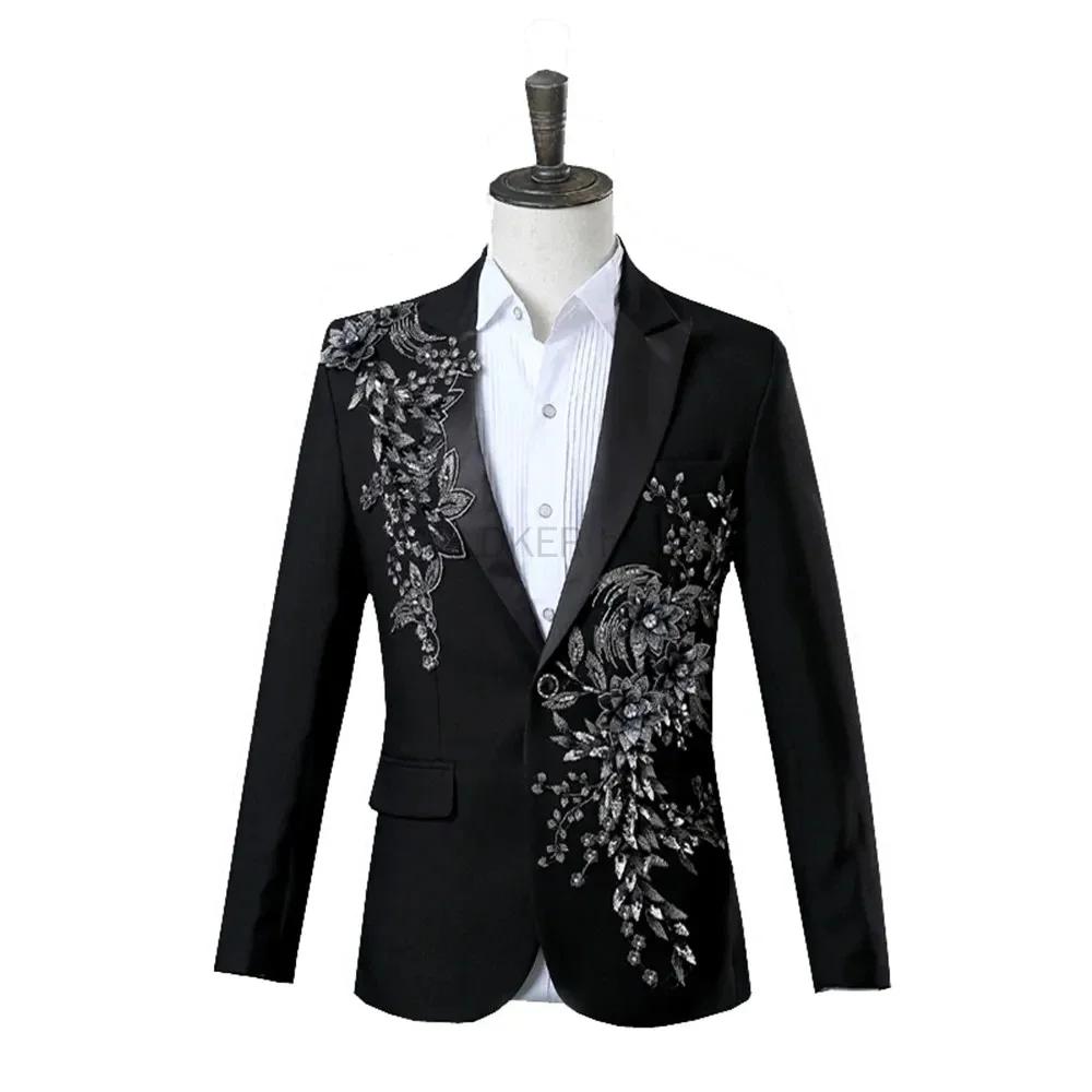Costume noir pour hommes avec broderie florale argentée