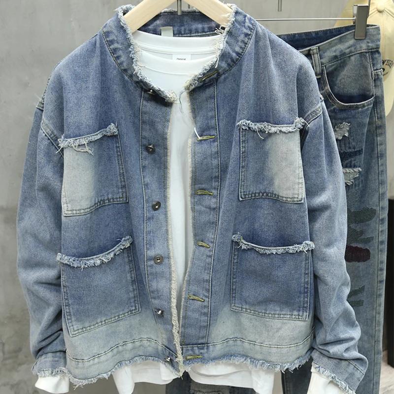 Printemps automne nouveaux hommes veste en jean à franges américain rétro haute rue poches bleu manteaux décontracté ample mode polyvalent hauts