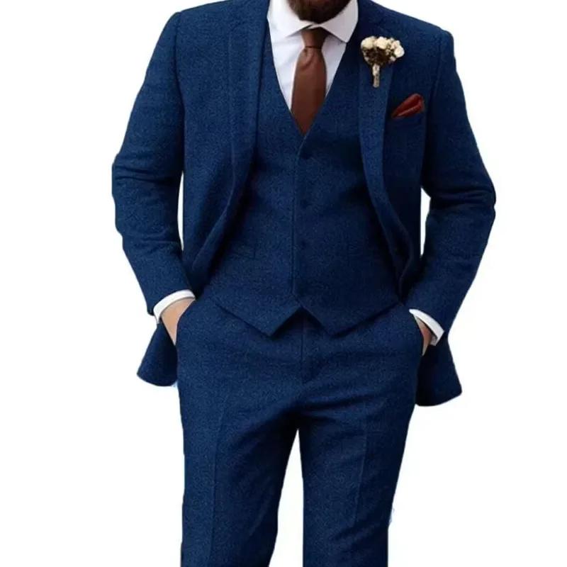 Costumes pour hommes Tweed à chevrons coupe ajustée affaires Cauasl gilet veste garçons d'honneur