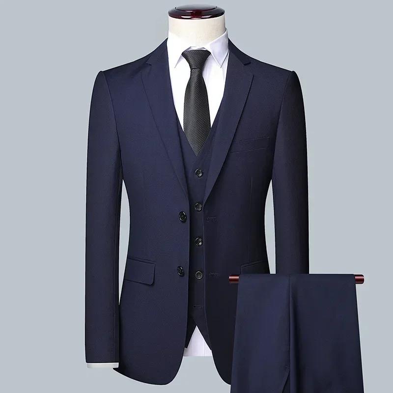 Costume Homme Élégant et Décontracté Style Britannique Coupe Ajustée Couleur Unie pour Affaires