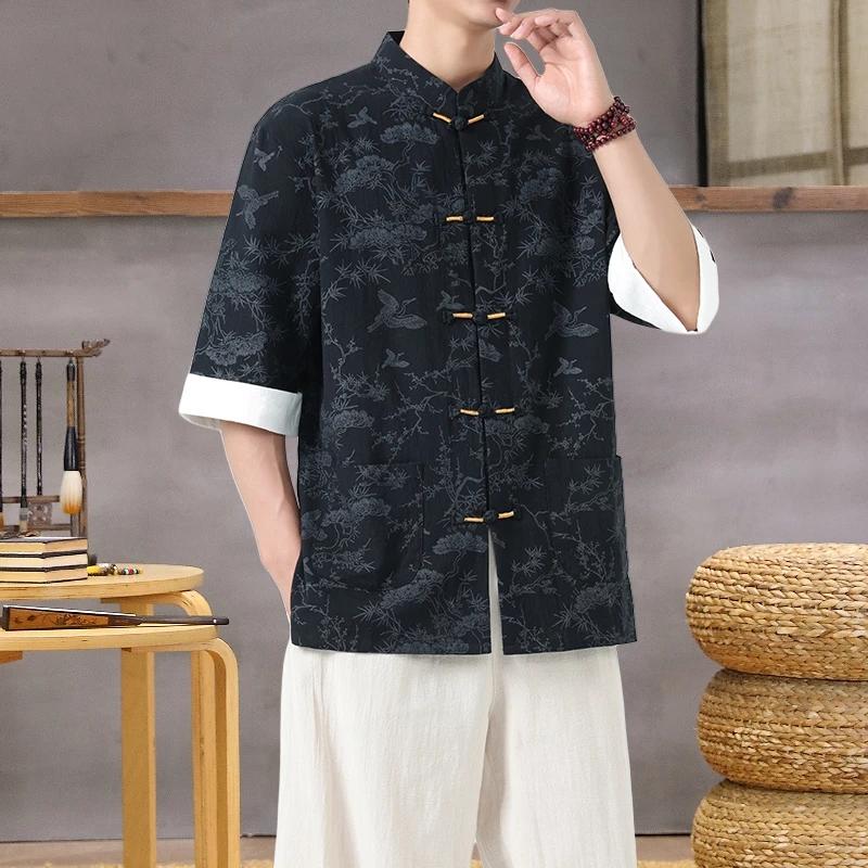 Chemise imprimée légère à col Mandarin pour hommes