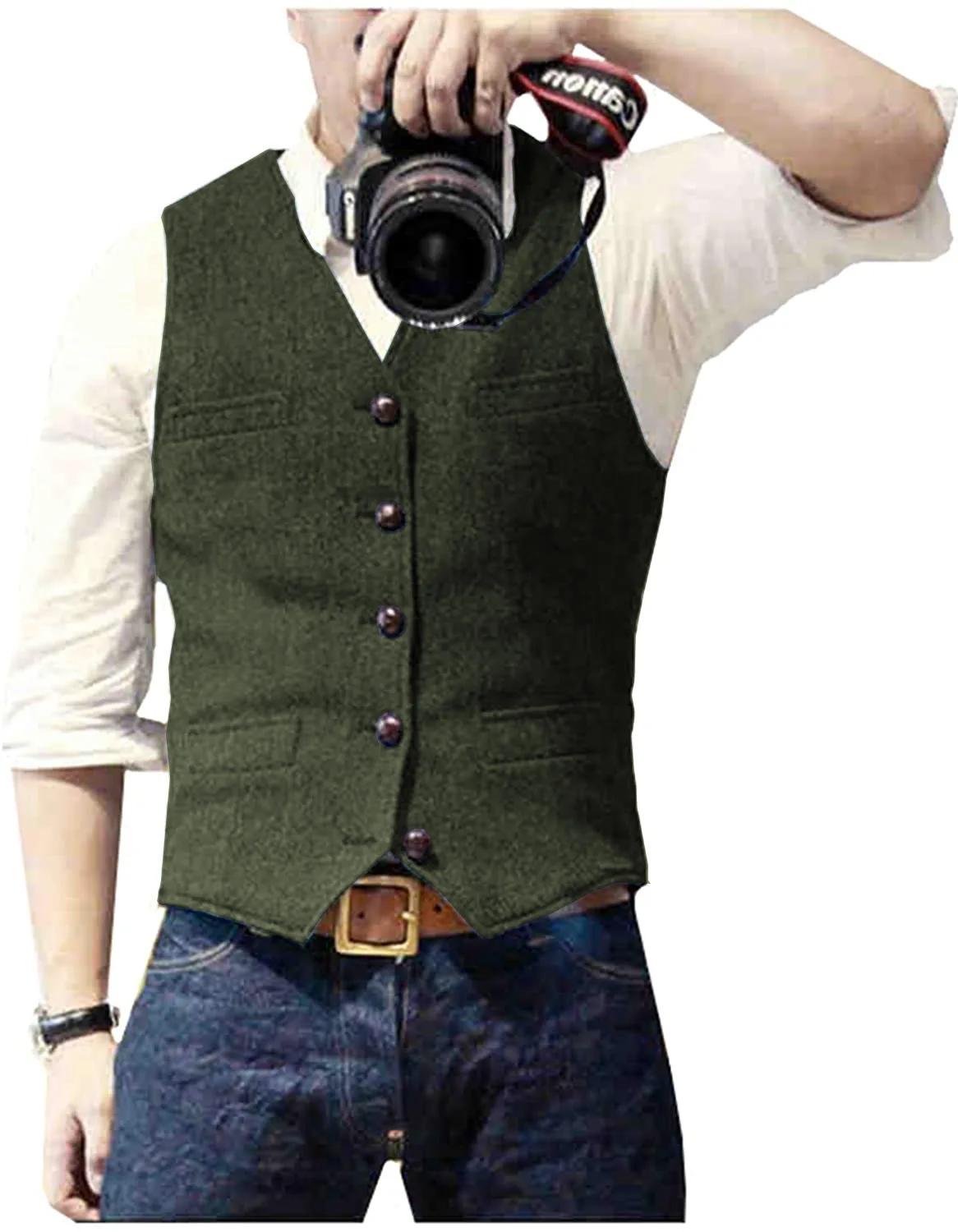 Gilet de costume pour hommes vert militaire simple boutonnage mélangé