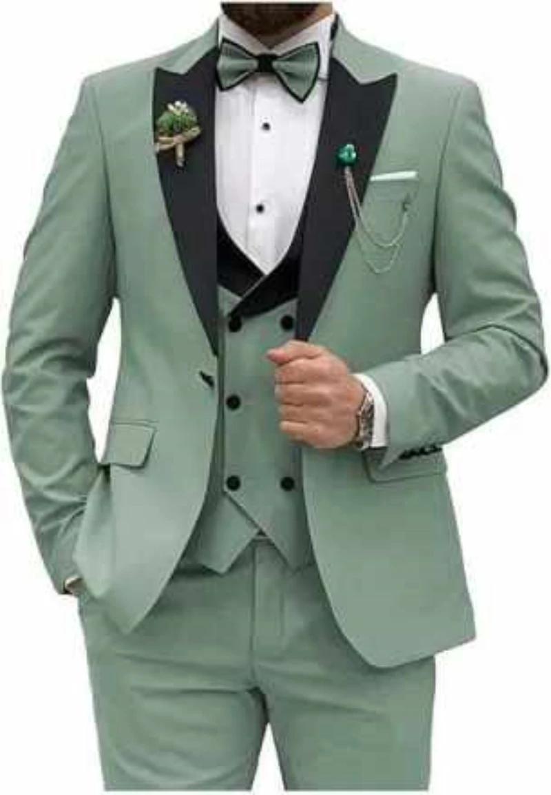 Costume homme 3 pièces vert sauge coupe ajustée (veste + gilet + pantalon) pour mariage