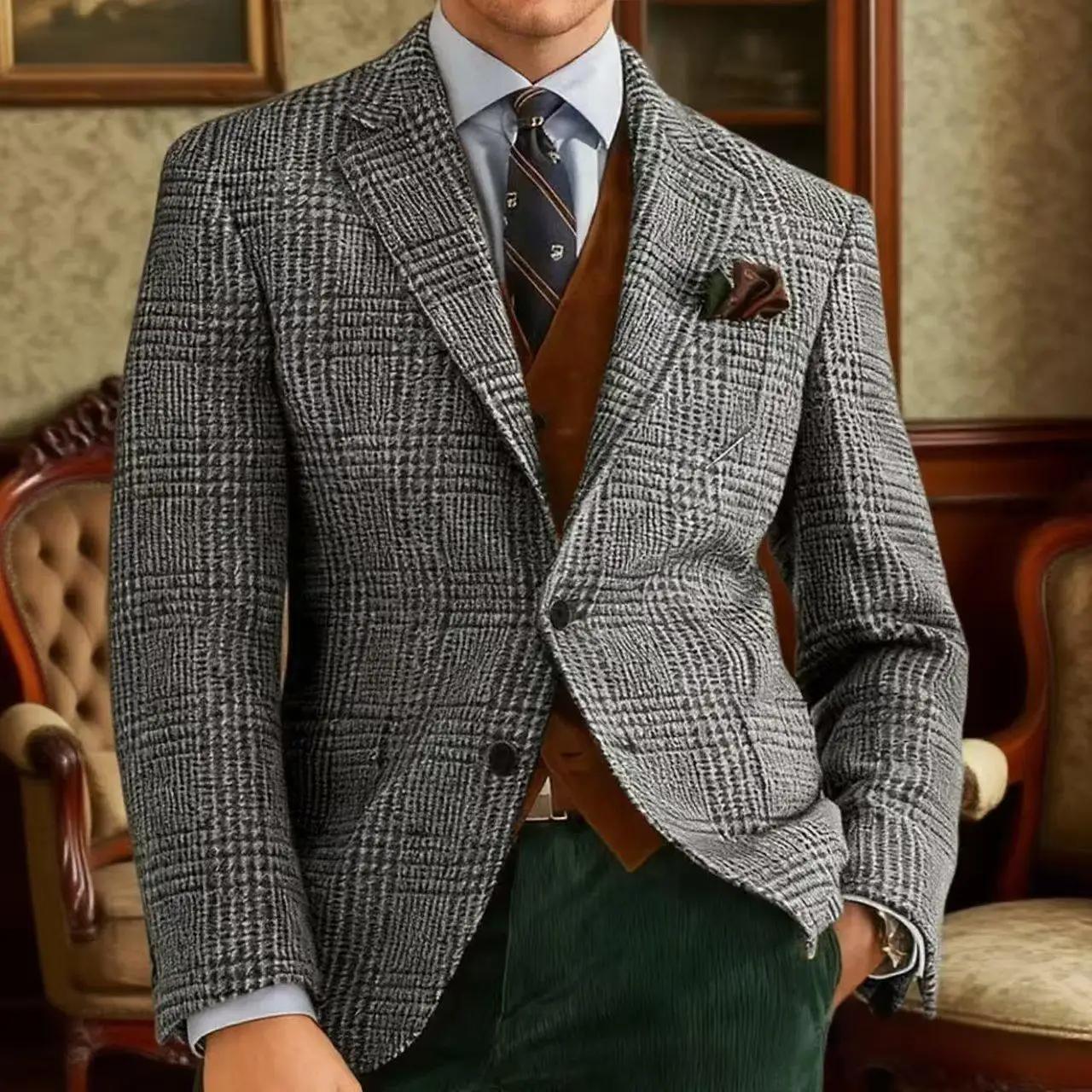 Automne hiver hommes costumes veste formelle simple boutonnage Plaid Blazer Tweed porter Tuxedos affaires décontracté
