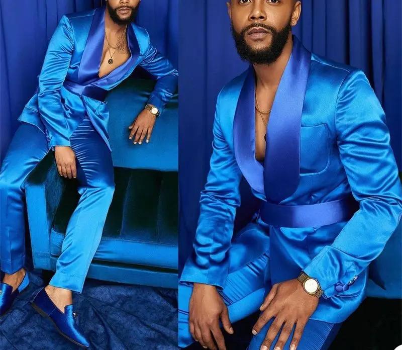 Nouvelle mode italienne argent hommes costumes Satin coupe ajustée bleu Royal brillant marié bal de mariage smoking sur mesure Blazer ensemble Costume Homme