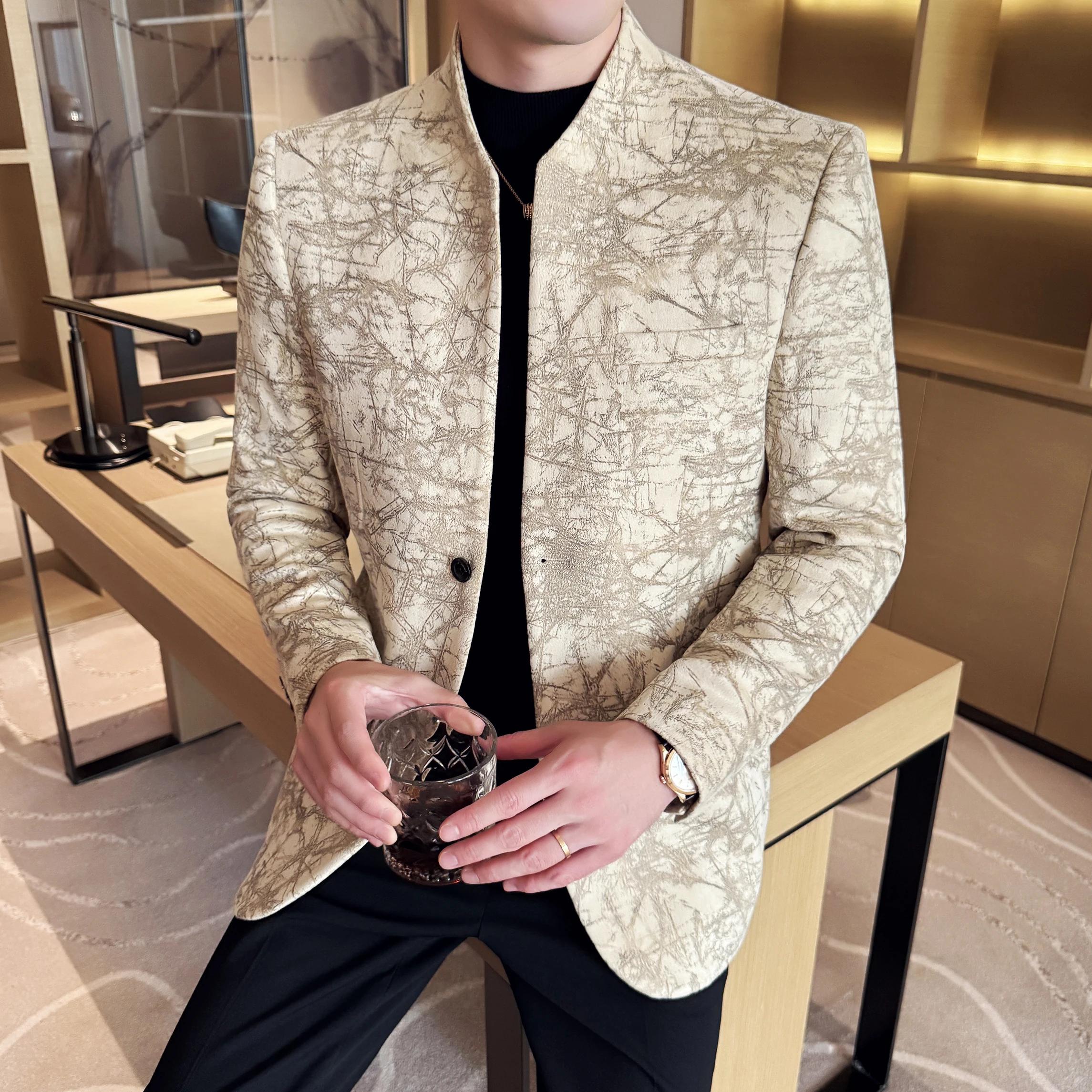 Nouveau Style chinois col montant Jacquard costume manteaux hommes mince affaires décontracté mode costumes veste formelle fête sociale Tuxedos