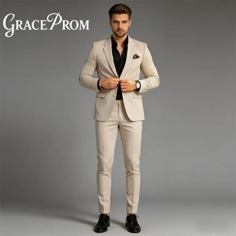 Costume de Mariage Homme Beige à Revers Cranté