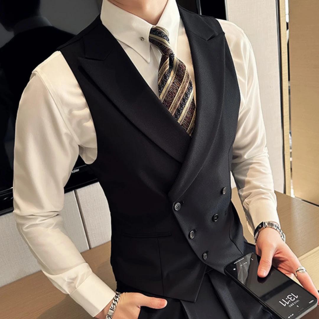 Hommes gilet noir avec revers solide Double bouton
