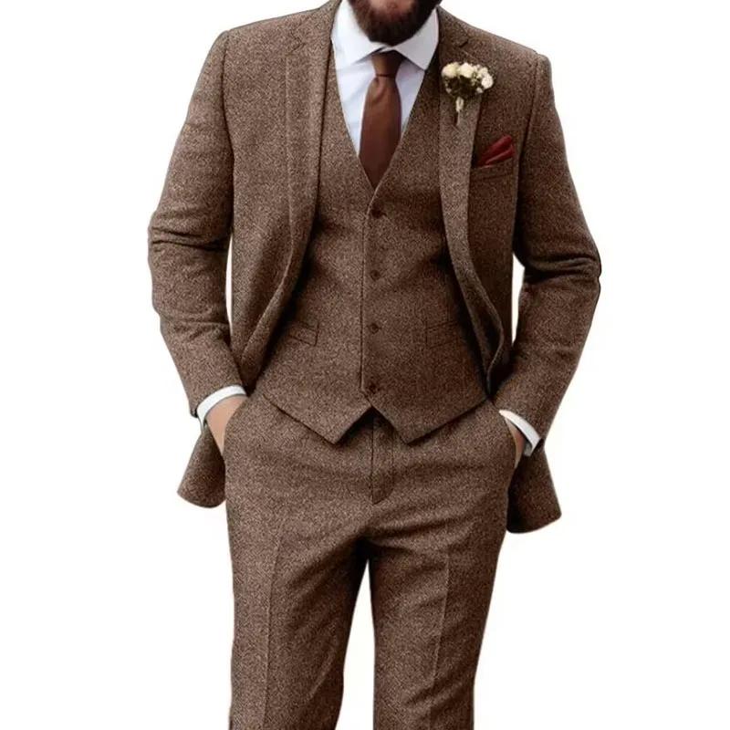 Costumes pour hommes Tweed à chevrons coupe ajustée affaires Cauasl gilet veste garçons d'honneur