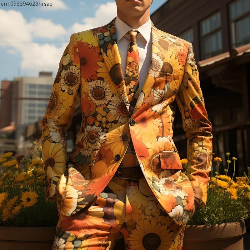 Tournesols imprimés hommes costumes décontractés manteau pantalon coloré Helianthus fête Cosplay scène discothèque Performance costume