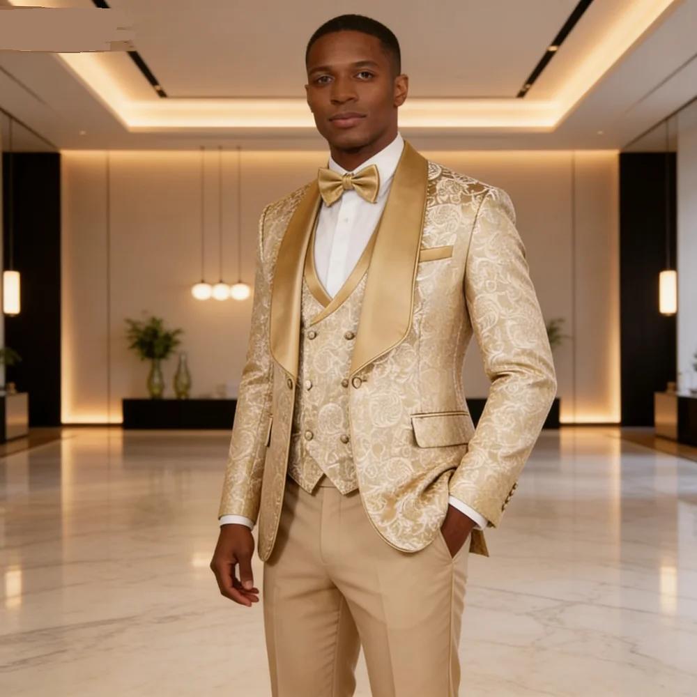 Costume de smoking formel 3 pièces en jacquard champagne pour homme avec blazer à revers châle