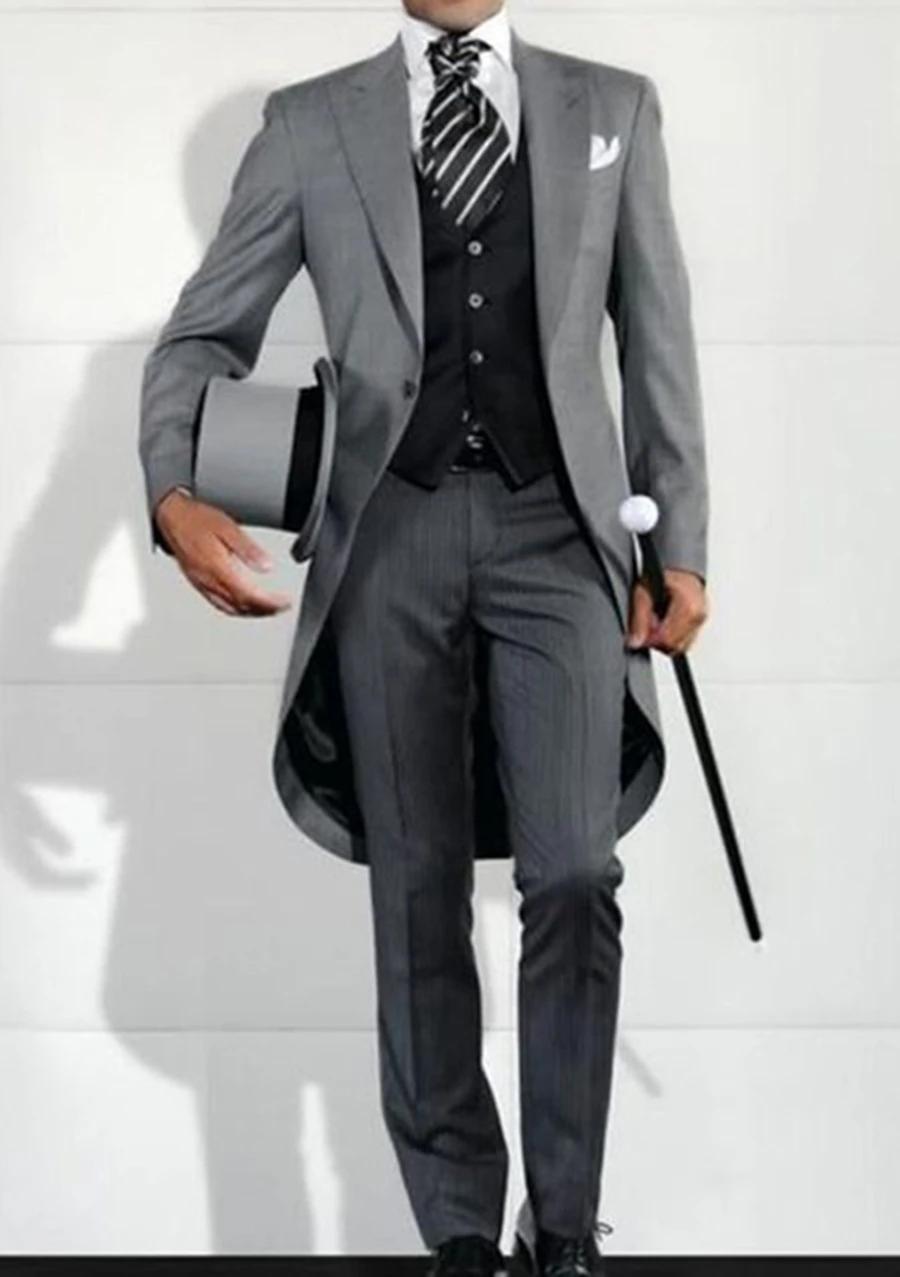 Costume 3 Pièces Homme Mariage Marié Smoking Longue Frac Veste de Cérémonie Garçon d'Honneur Bal de Promo Mode