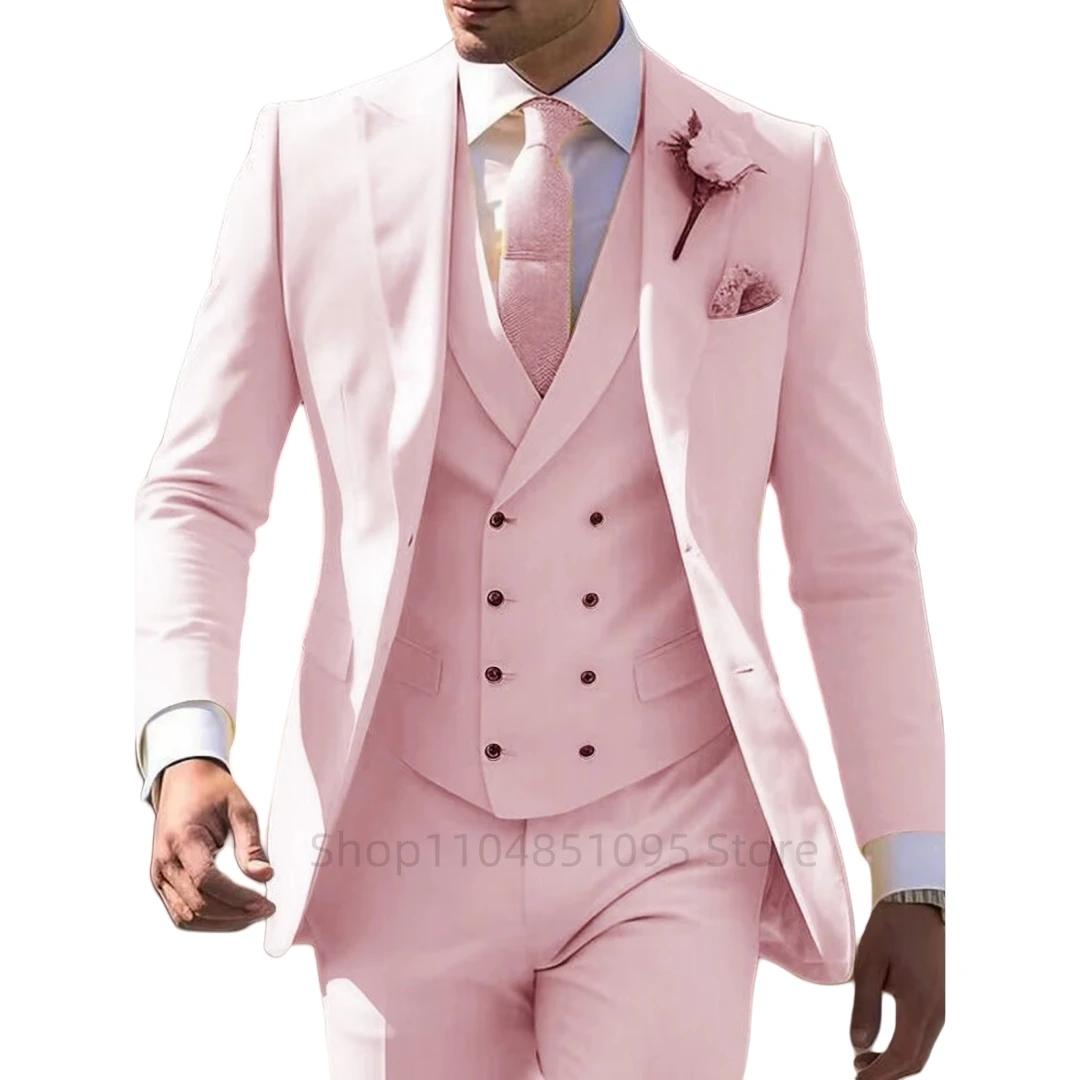 Costume 3 pièces rose élégant pour hommes