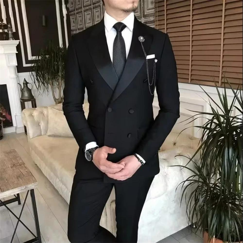 Costumes noirs pour hommes 2 pièces Revers en pointe Double boutonnage Blazer sur mesure Mariage Costume de marié