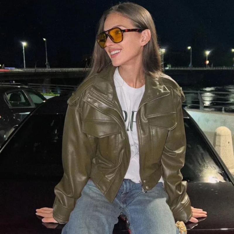 Veste femme veste simili cuir vert femme Demi-saison veste d'extérieur femme automne nouveau dans manteau coupe-vent Streetwear