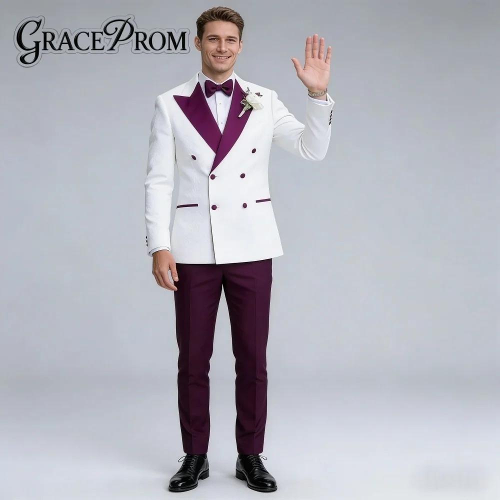 Costume de Mariage Homme Élégant Blanc et Violet avec Revers Châle