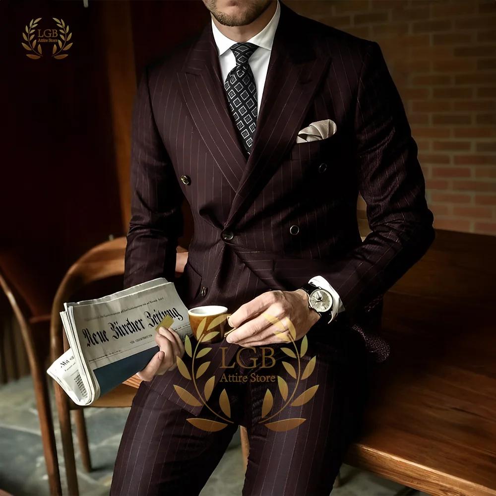 Costume Homme Premium Rayé Coupe Slim Revers Tendance Double Boutonnage 2 Pièces Formel Business Décontracté Mariage Marié Smoking