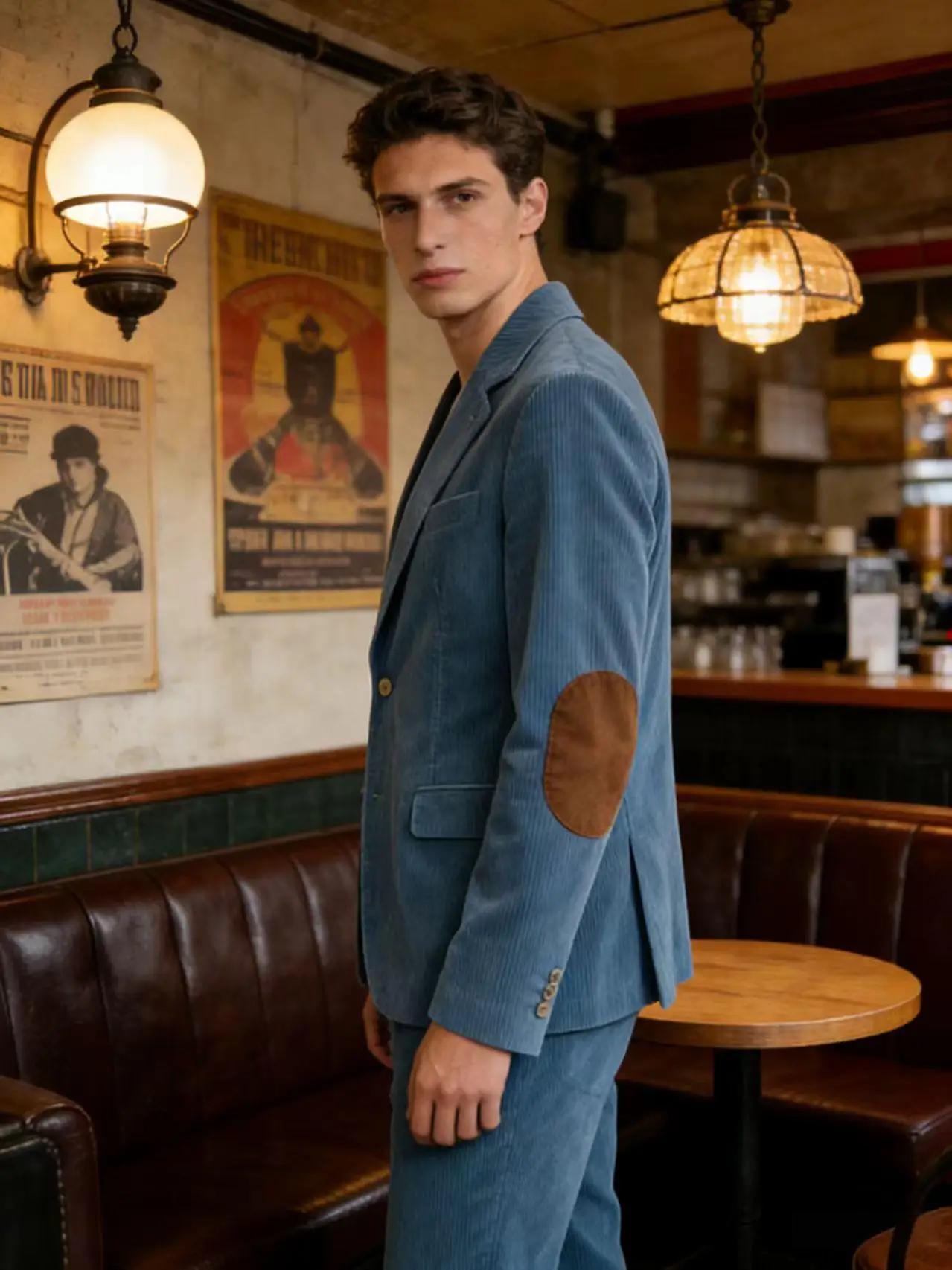 Blazer en velours côtelé vintage pour homme avec empiècements aux coudes