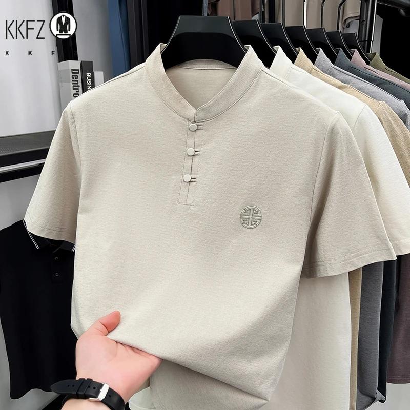 T-shirt décontracté pour homme à col mandarin et manches courtes