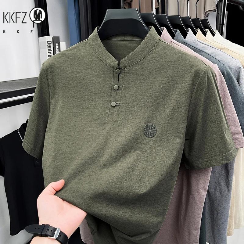 T-shirt décontracté pour homme à col mandarin et manches courtes