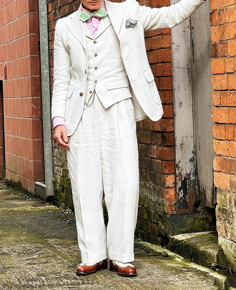 Costume homme en lin beige 3 pièces