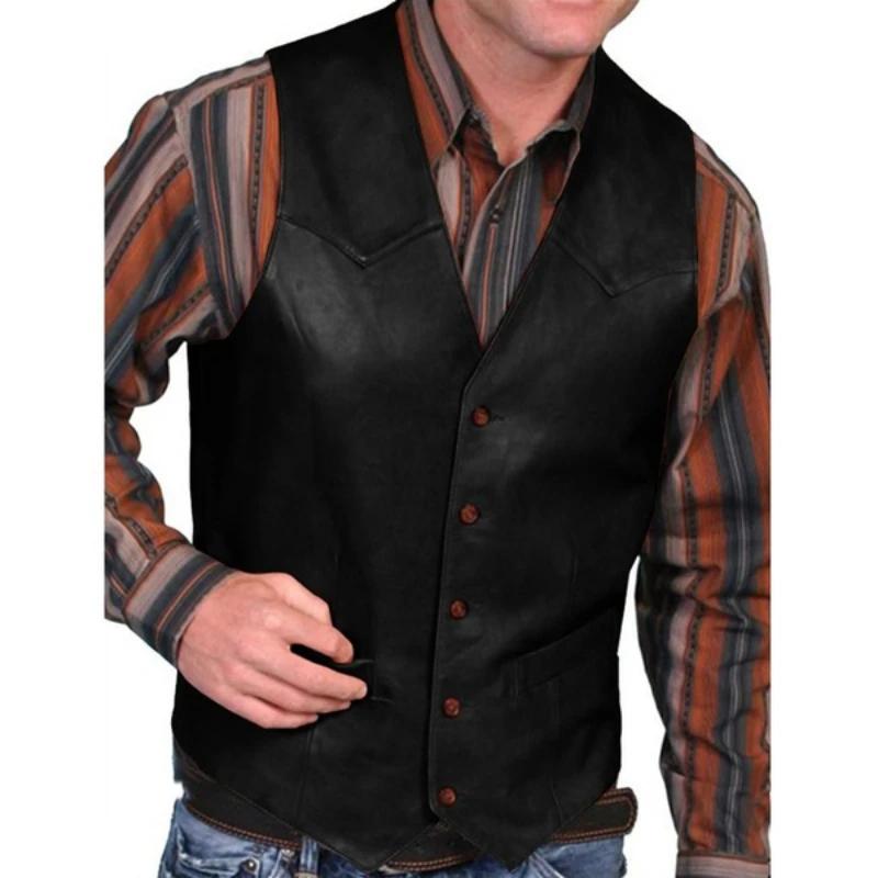 Gilet pour hommes d'affaires européens mode décontracté rétro couleur unie col en v bouton Western sans manches